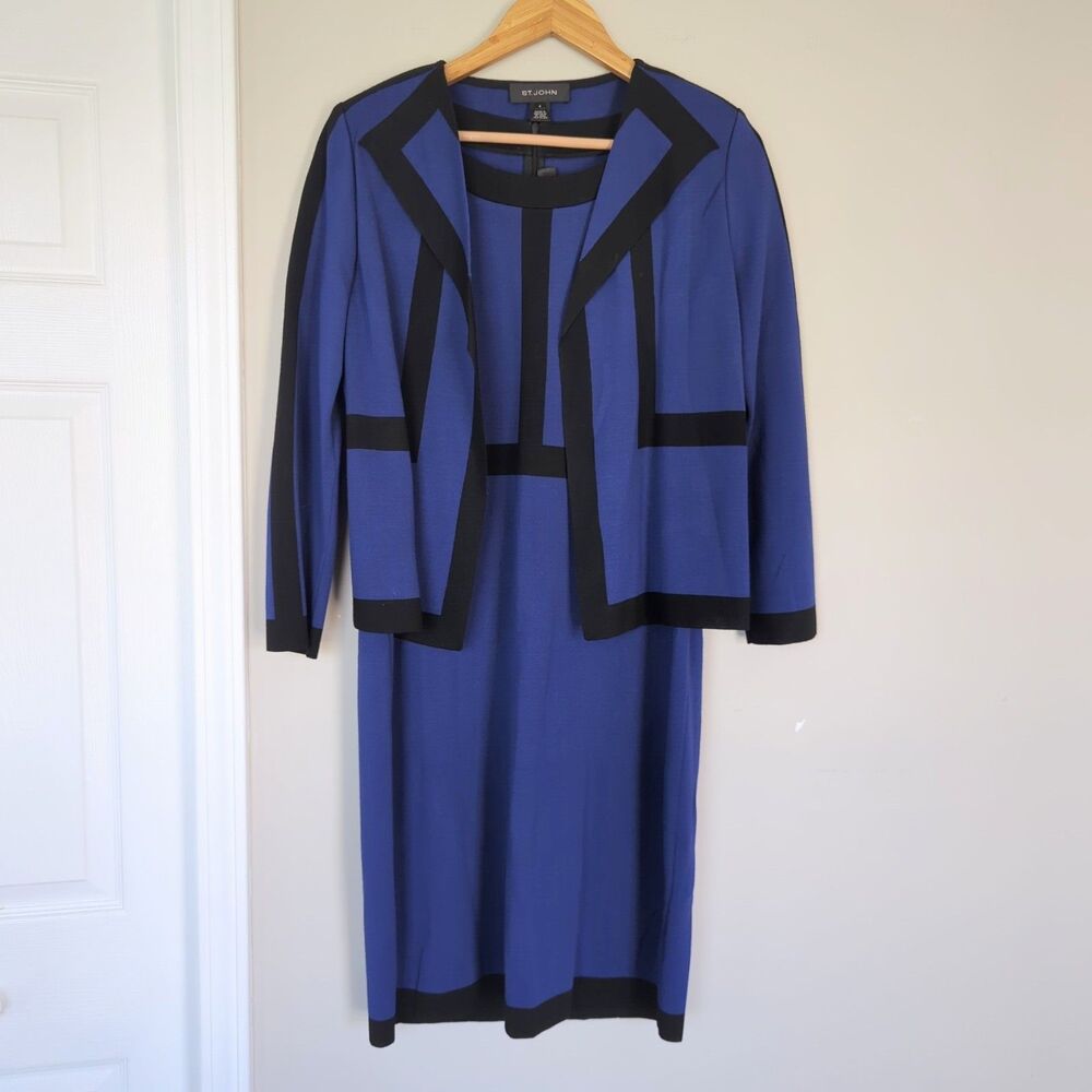 St. John Blue Black Colorblock Jacket Milano Knit Dress Set Size 6/12 Career